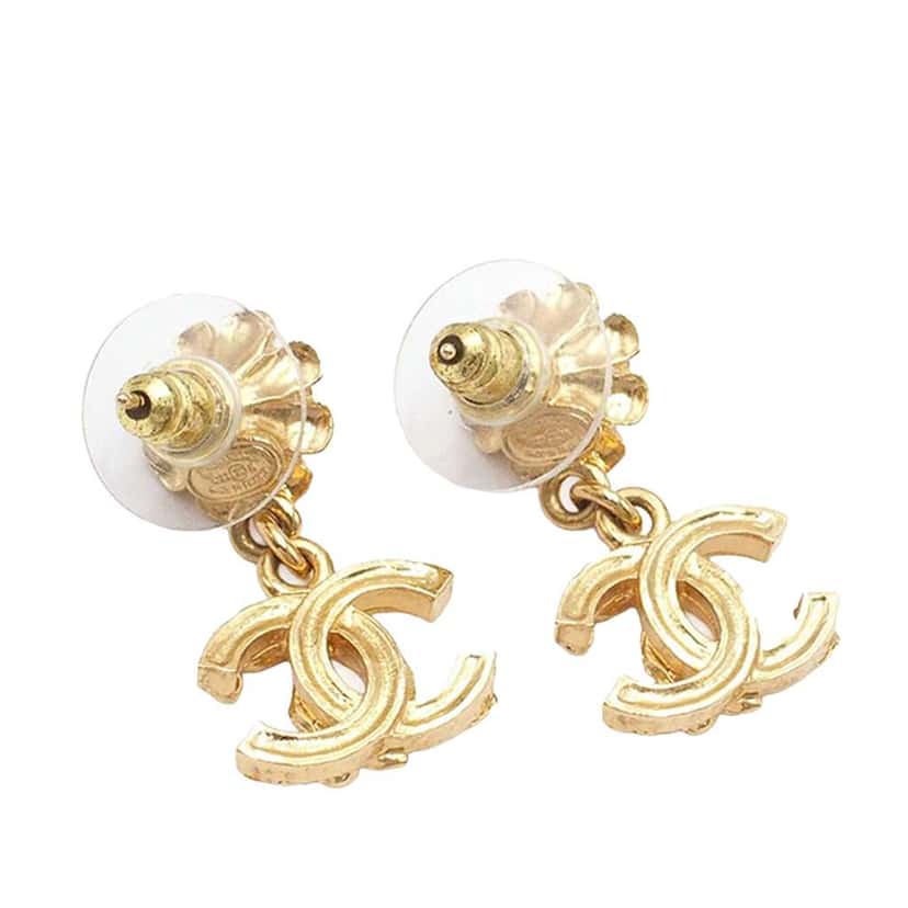 Chanel CC Gold Plated Faux Pearl and Rhinestone Swing Push Back Earrings Gold Metal Good condition - Back View