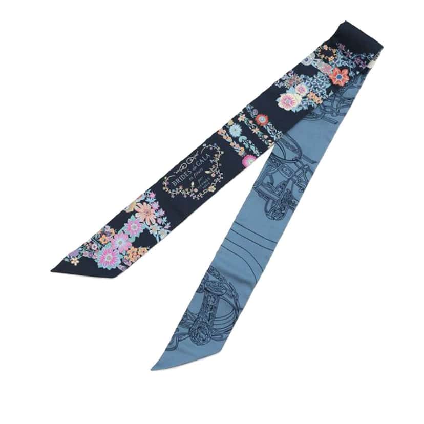 Hermès Brides de Gala en Fleurs Silk Twilly Scarf Blue Silk Very good condition - Front View