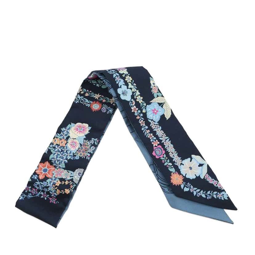 Hermès Brides de Gala en Fleurs Silk Twilly Scarf Blue Silk Very good condition - Inside View