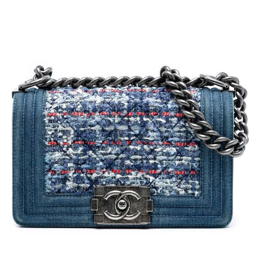 Chanel Small Quilted Denim and Tweed Boy Flap Blue Tweed Good condition - Front View