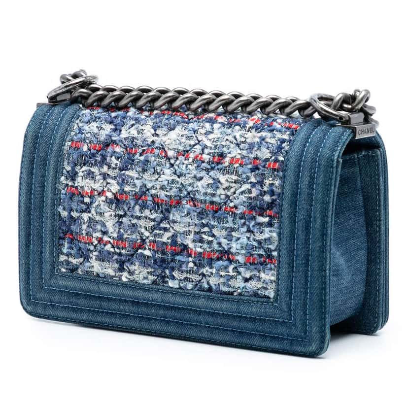 Chanel Small Quilted Denim and Tweed Boy Flap Blue Tweed Good condition - Back View