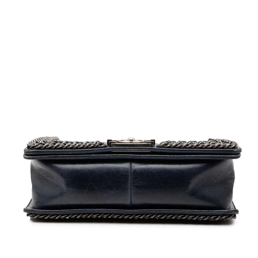 Chanel Old Medium Quilted Glazed Calfskin Chain Around Boy Flap Blue Leather Good condition - Inside View