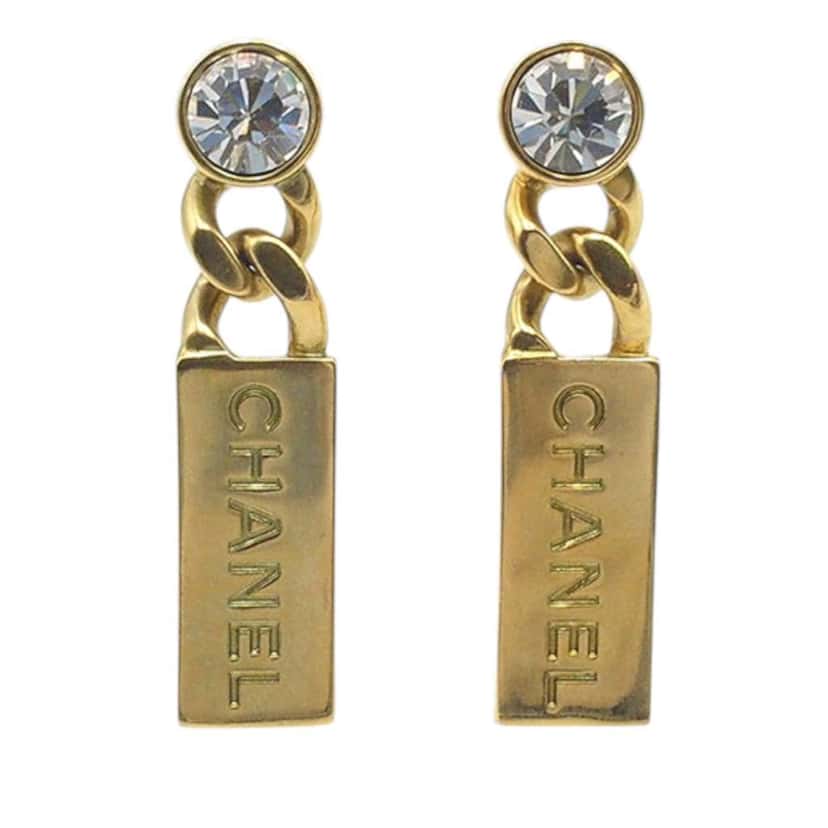 Chanel Gold Plated Crystal Tag Drop Bullet Back Earrings Gold Metal Good condition - Front View