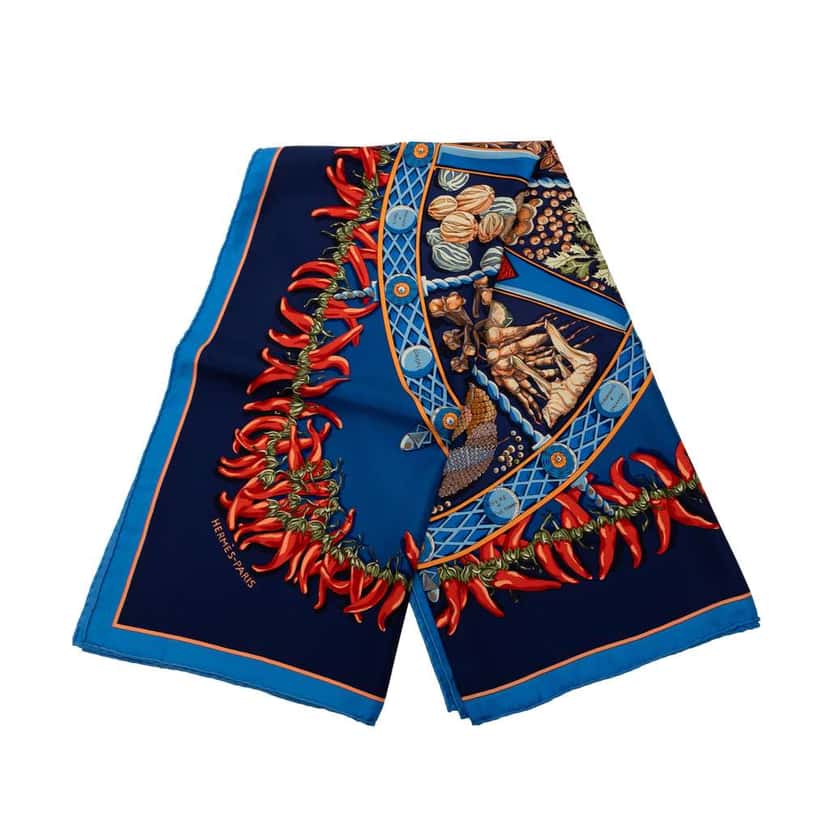 Hermès Aux Pays Des Epices Silk Scarf Blue Silk Very good condition - Front View