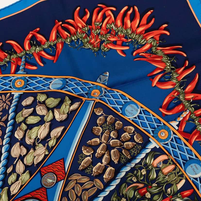 Hermès Aux Pays Des Epices Silk Scarf Blue Silk Very good condition - Box View