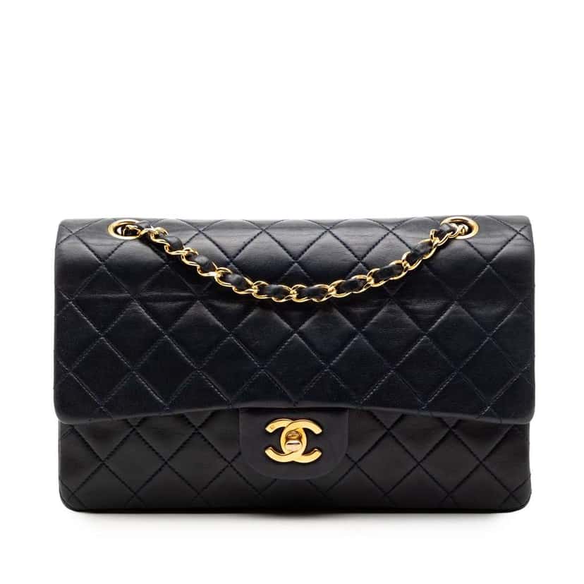 Chanel Medium Classic Lambskin Double Flap Blue Leather Good condition - Front View