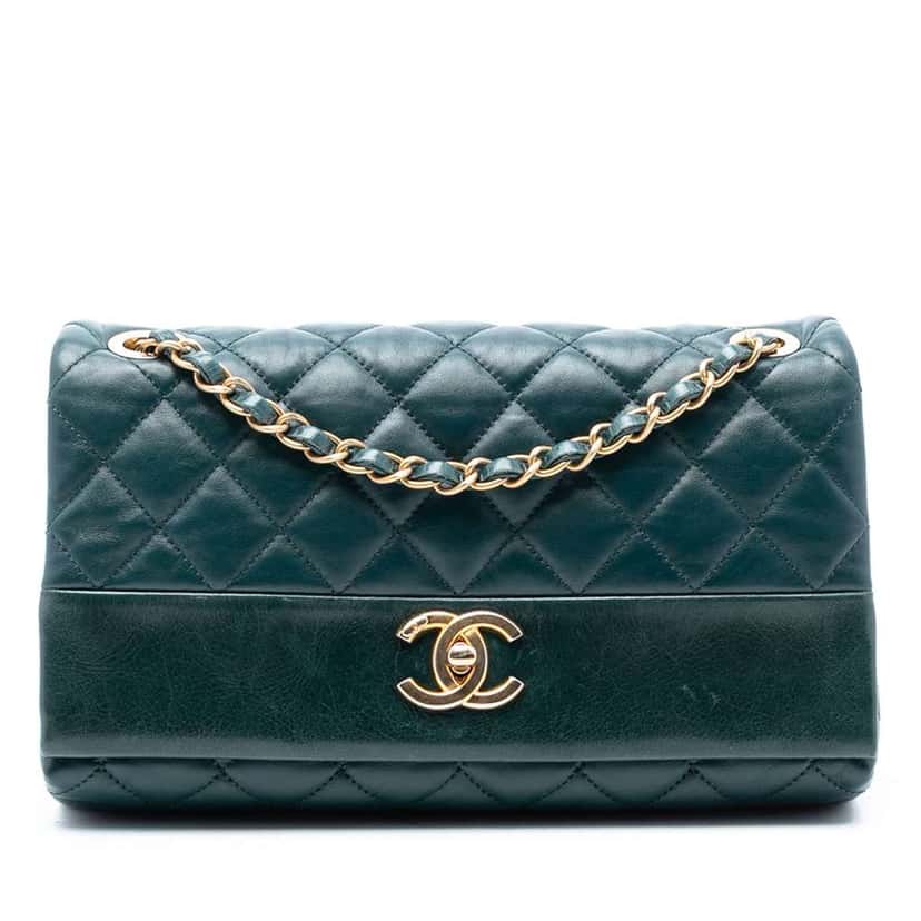 Chanel Medium Quilted Calfskin Soft Elegance Flap Green Leather Good condition - Front View