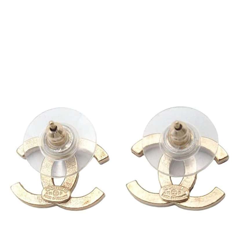 Chanel Gold Plated Crystal CC Push Back Earrings Gold Metal Good condition - Back View
