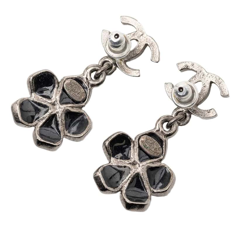 Chanel CC Silver Plated Enamel Flower Drop Earrings Silver Metal Very good condition - Back View