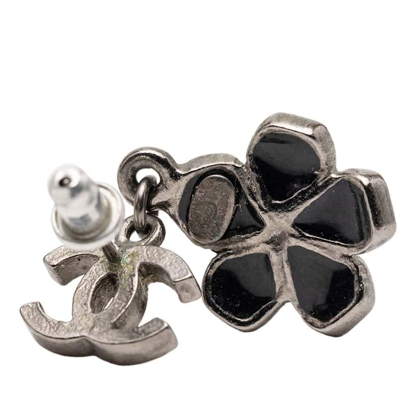 Chanel CC Silver Plated Enamel Flower Drop Earrings Silver Metal Very good condition - Inside View