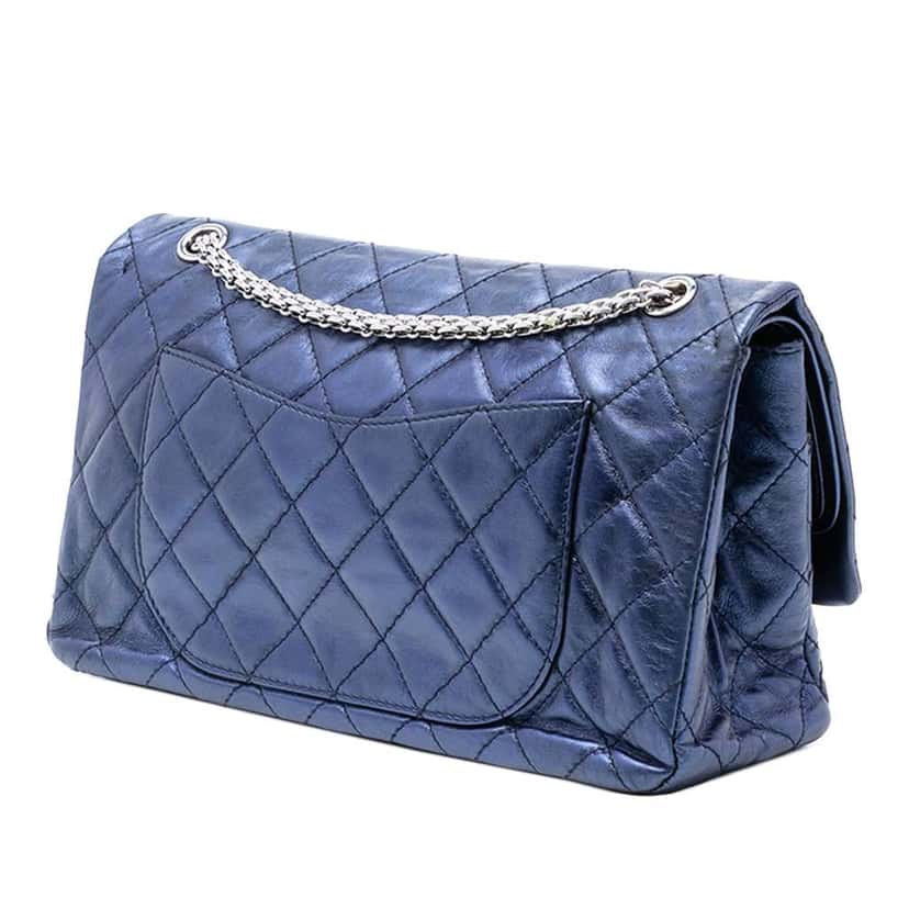 Chanel Metallic Quilted Aged Calfskin Reissue 2.55 Double Flap 227 Blue Leather Good condition - Back View