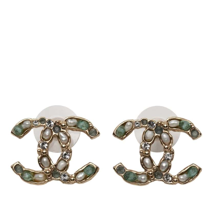Chanel CC Gold Plated Faux Pearl and Rhinestone Push Back arrings Gold Metal Good condition - Front View