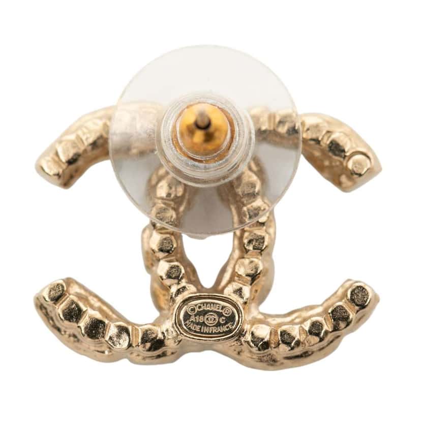 Chanel CC Gold Plated Faux Pearl and Rhinestone Push Back arrings Gold Metal Good condition - Inside View