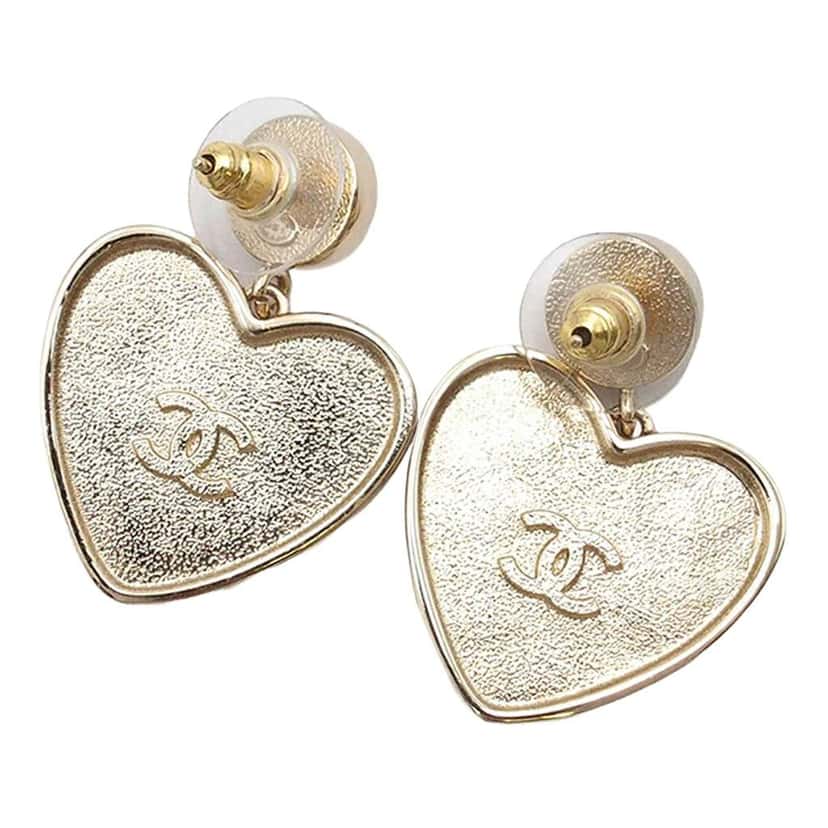 Chanel CC Gold Plated Faux Pearl Heart Push Back Earrings Gold Metal Good condition - Back View