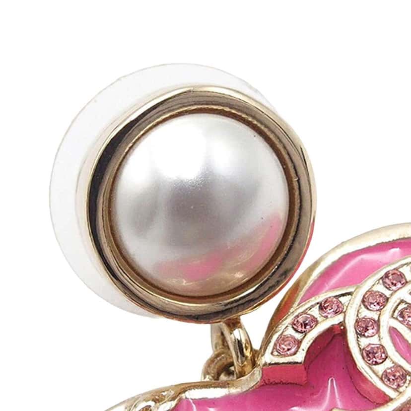 Chanel CC Gold Plated Faux Pearl Heart Push Back Earrings Gold Metal Good condition - Inside View