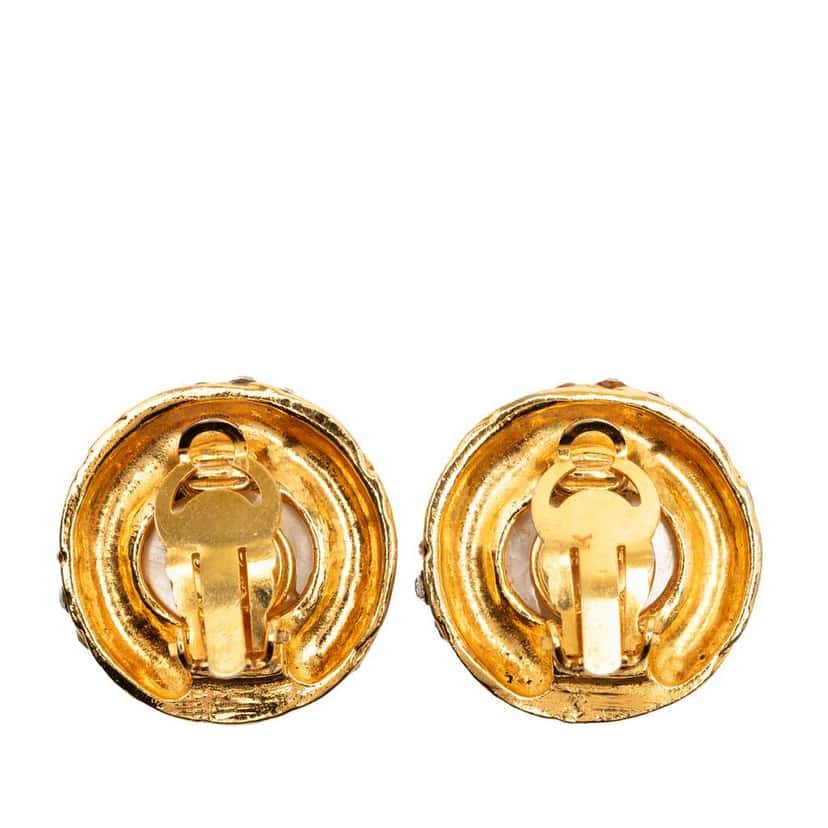 Chanel Gold Plated Faux Pearl Swirl Crystal Clip On Earrings Gold Metal Good condition - Back View