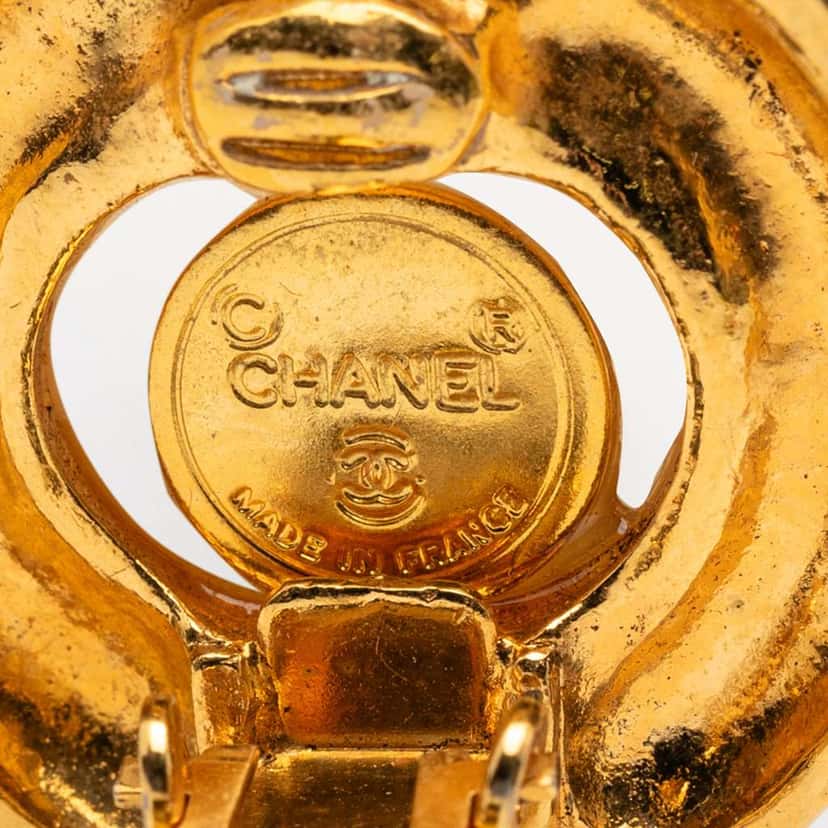 Chanel Gold Plated Faux Pearl Swirl Crystal Clip On Earrings Gold Metal Good condition - Inside View