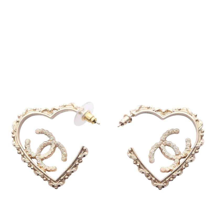 Chanel CC Gold Plated Rhinestones Heart Hoop Earrings Gold Metal Good condition - Front View