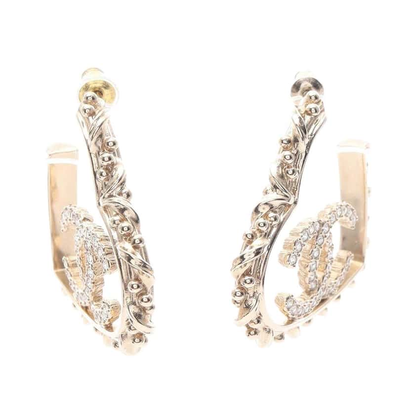 Chanel CC Gold Plated Rhinestones Heart Hoop Earrings Gold Metal Good condition - Back View