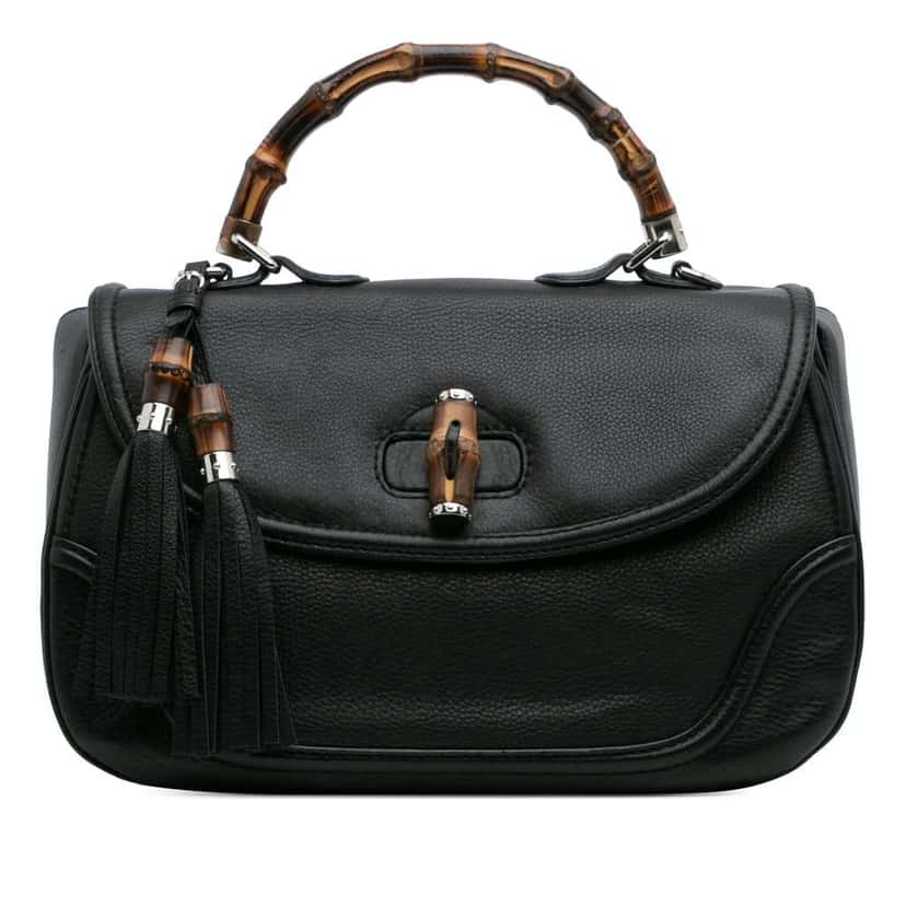 Gucci Large Pebbled Calfskin New Bamboo Top Handle Bag Black Leather Good condition - Front View