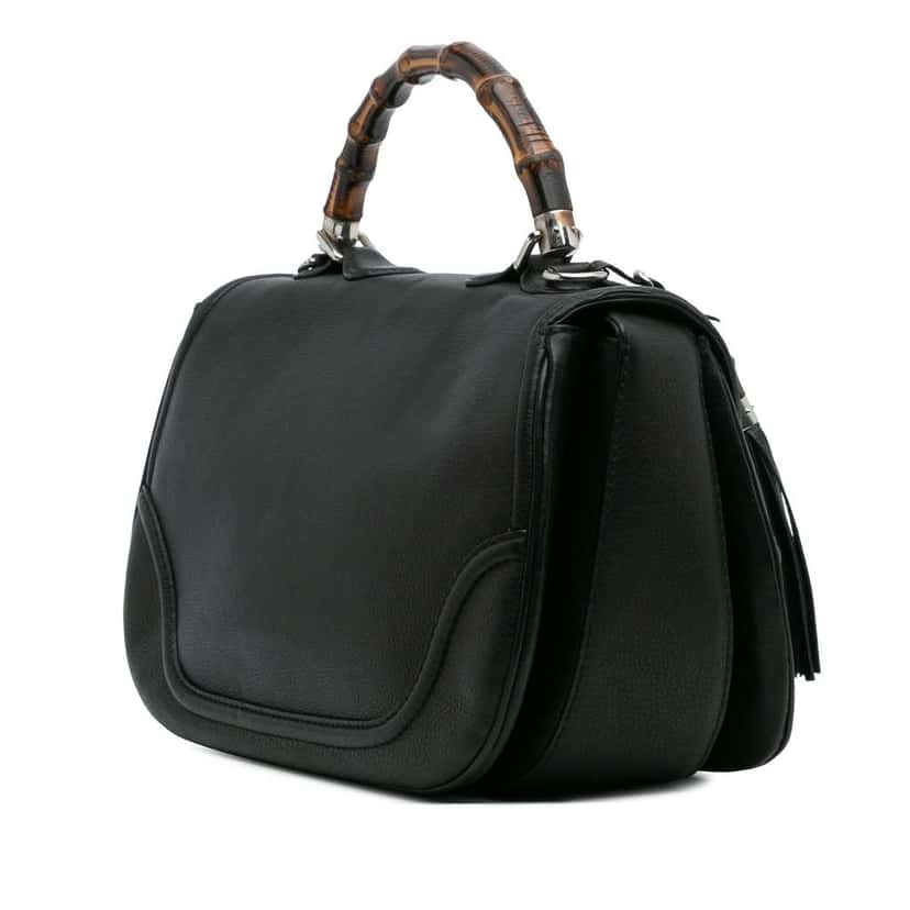 Gucci Large Pebbled Calfskin New Bamboo Top Handle Bag Black Leather Good condition - Back View