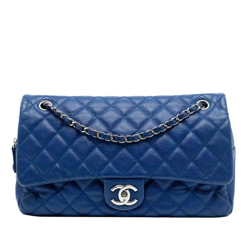 Chanel Jumbo Quilted Caviar Easy Flap Blue Leather Good condition - Front View