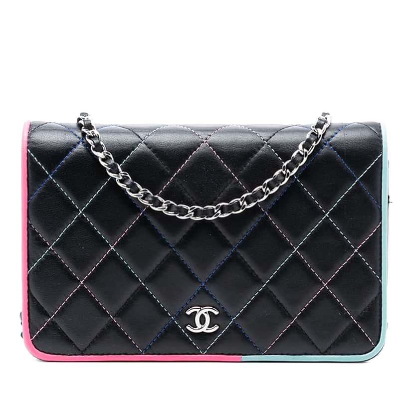 Chanel CC Quilted Lambskin Multicolor Border Full Flap Wallet on Chain Black Leather Good condition - Front View