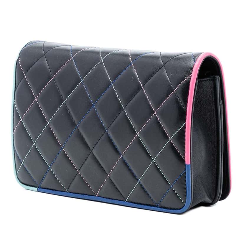 Chanel CC Quilted Lambskin Multicolor Border Full Flap Wallet on Chain Black Leather Good condition - Back View