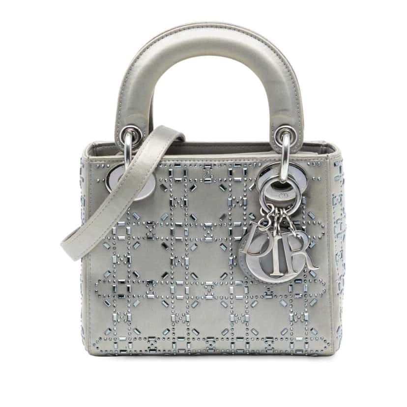Dior Mini Satin Cannage Strass Crystal Embellished Lady Dior Grey Satin Good condition - Front View