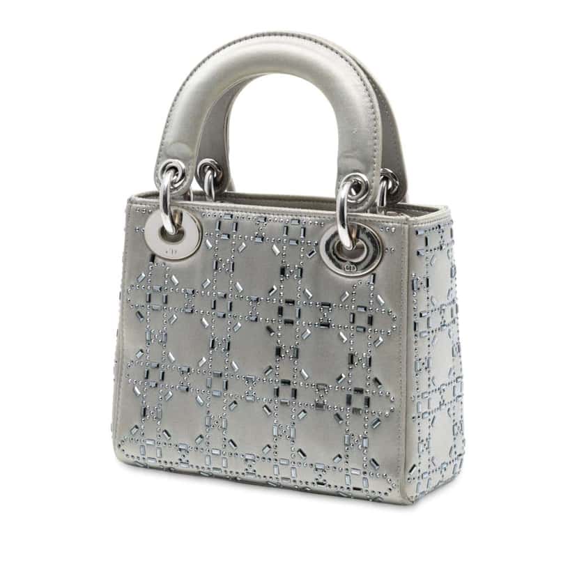 Dior Mini Satin Cannage Strass Crystal Embellished Lady Dior Grey Satin Good condition - Back View