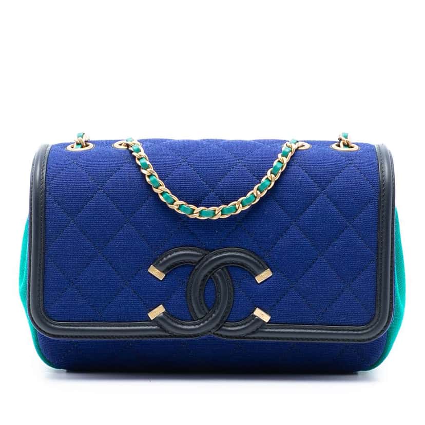 Chanel Small Jersey CC Filigree Flap Blue Cotton Very good condition - Front View