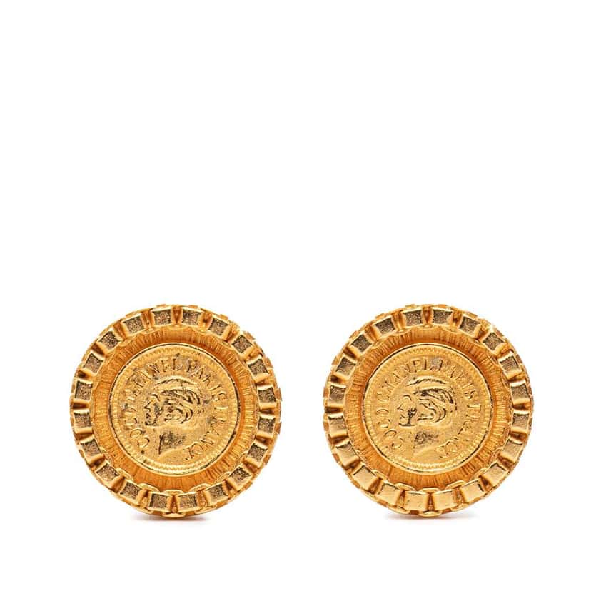 Chanel Gold Plated Coco Coin Motif Clip On Earrings Gold Metal Very good condition - Front View