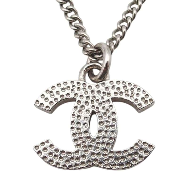 Chanel Silver Plated CC Rhinestone Pendant Necklace Silver Metal Good condition - Inside View