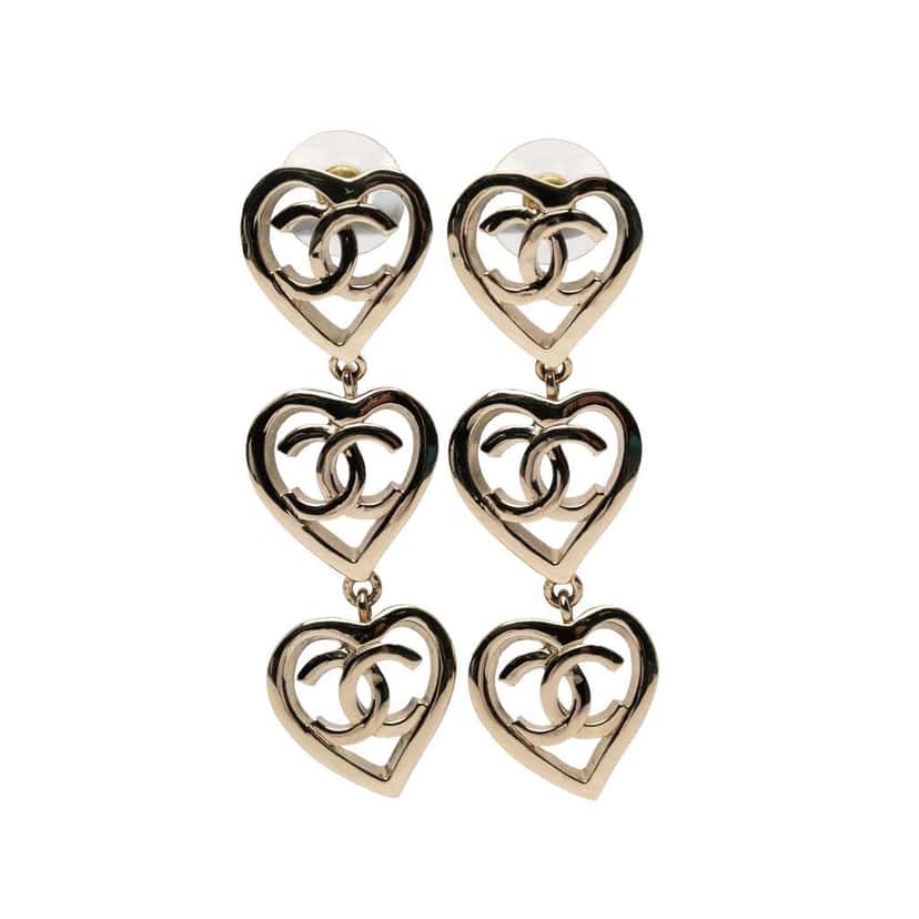 Chanel Gold Plated Triple Heart CC Drop Earrings Gold Metal Good condition - Back View