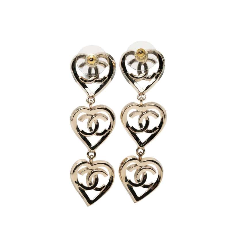 Chanel Gold Plated Triple Heart CC Drop Earrings Gold Metal Good condition - Inside View