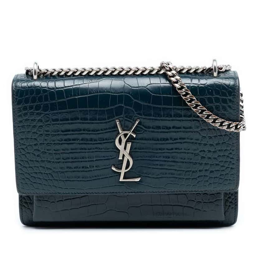Saint Laurent Medium Croc Embossed Calfskin Sunset Flap Crossbody Blue Leather Good condition - Front View