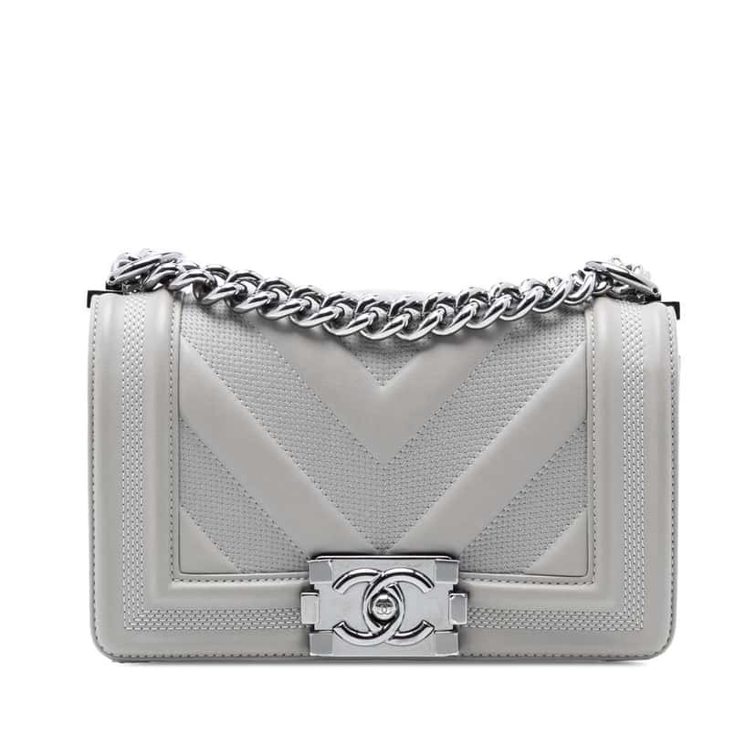 Chanel Small Chevron Stitched Calfskin Boy Flap Grey Leather Very good condition - Front View