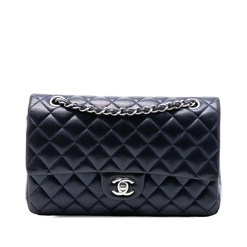 Chanel Medium Classic Lambskin Double Flap Blue Leather Good condition - Front View