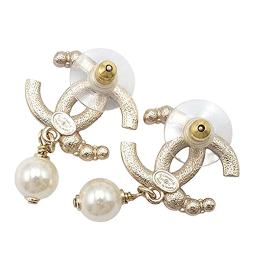 Chanel Gold Plated CC Crystal and Faux Pearl Drop Push Back Earrings Gold Metal Good condition - Back View