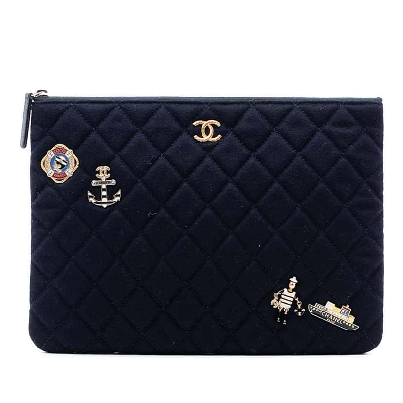 Chanel Paris Hamburg Medium Quilted Wool Coco Sailor Charms O Case Clutch Blue Wool Good condition - Front View