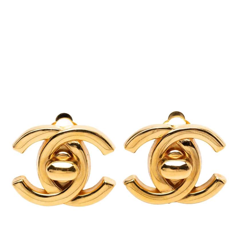 Chanel Gold Plated CC Turn Lock Clip On Earrings Gold Metal Good condition - Front View