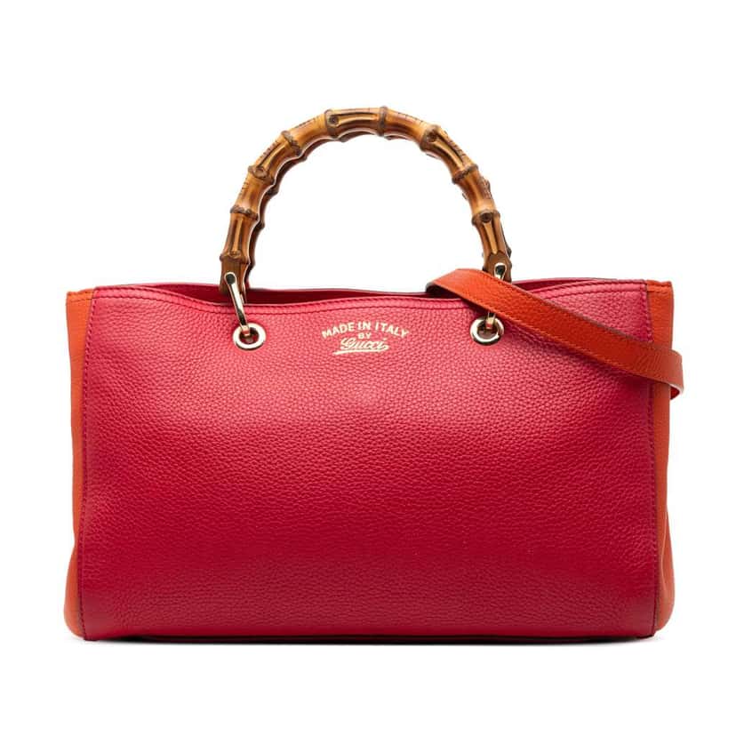 Gucci Medium Bicolor Calfskin Bamboo Shopper Satchel Red Leather Very good condition - Front View