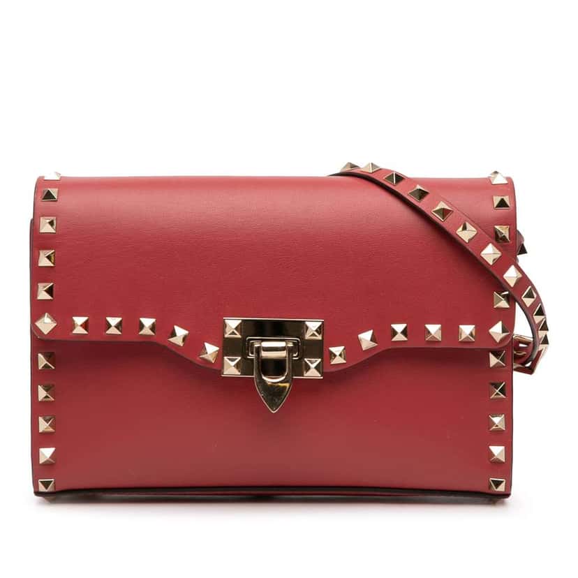 Valentino Small Leather Rockstud Flap Crossbody Red Leather Very good condition - Front View