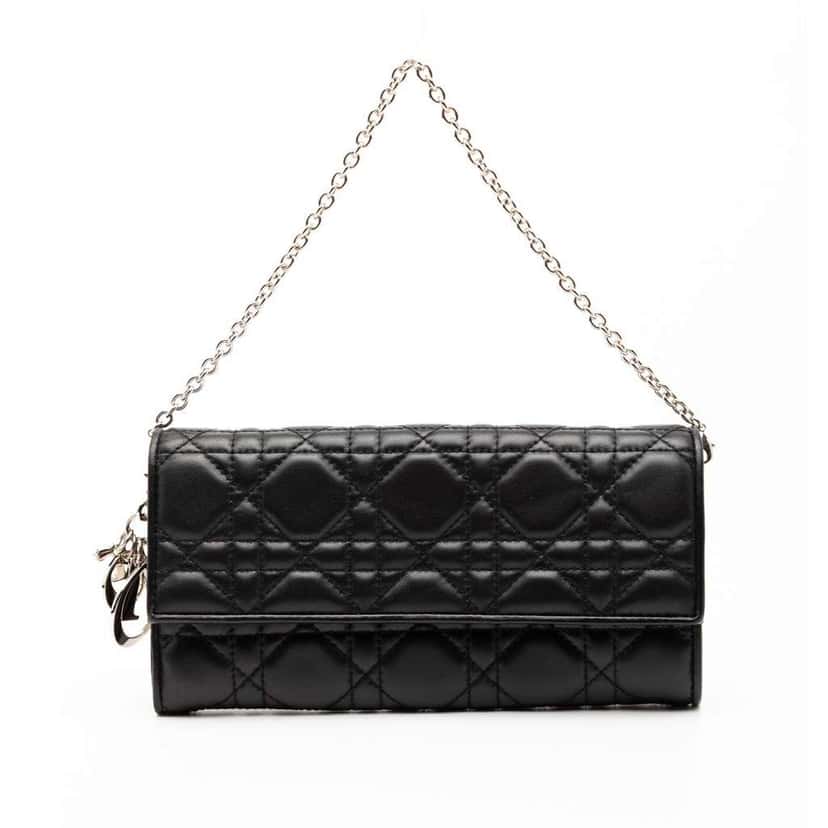 Dior Lambskin Cannage Lady Dior Wallet On Chain Black Leather Good condition - Front View