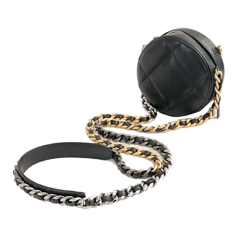 Chanel Quilted Lambskin 19 Round Clutch with Strap Black Leather Good condition - Back View