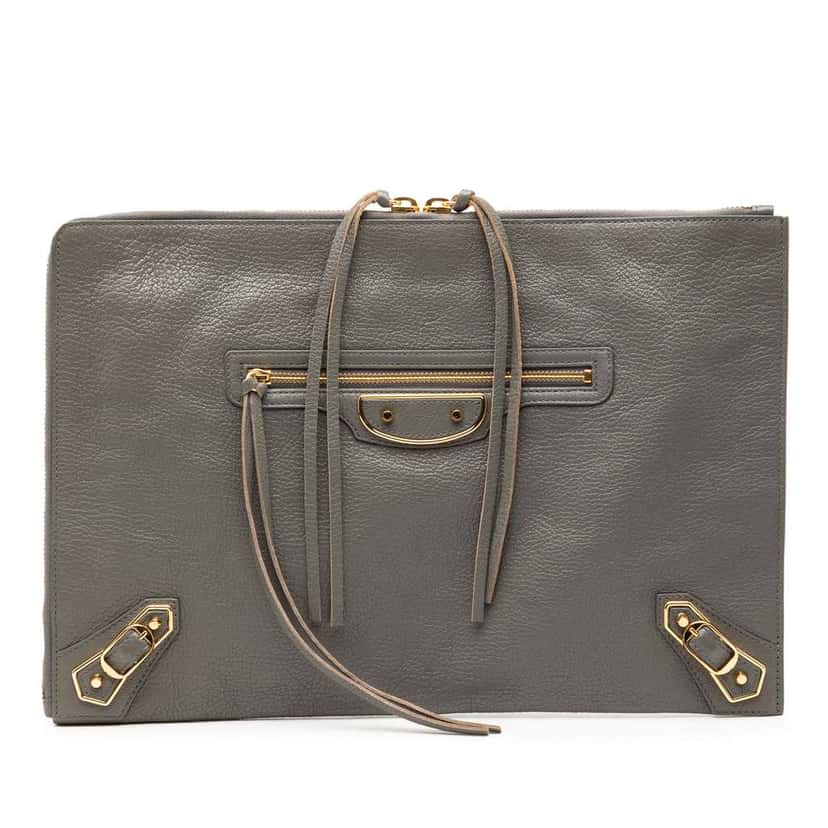 Balenciaga Lambskin Motocross Metallic Edge Flat Clutch Grey Leather Good condition - Front View
