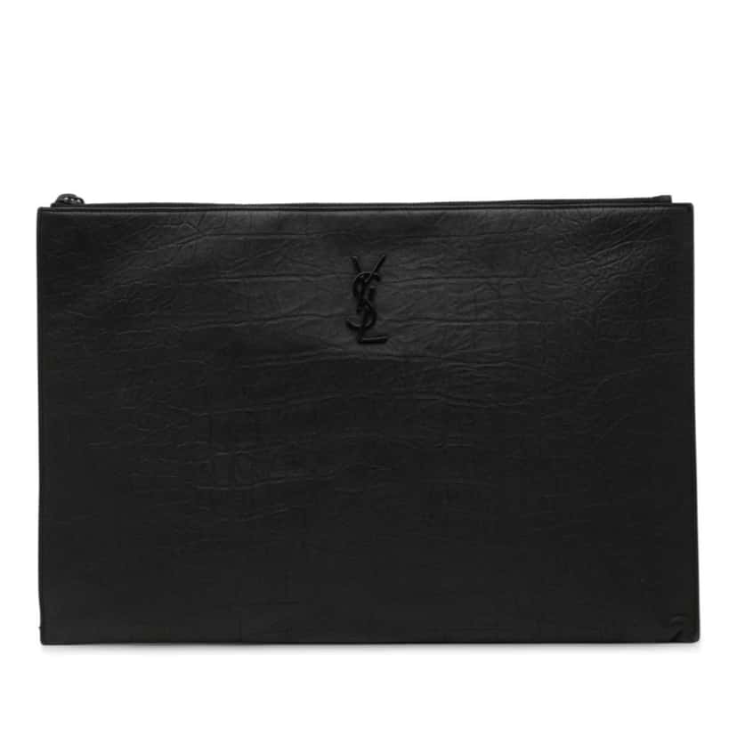 Saint Laurent Croc Embossed Leather Monogram Clutch Black Leather Good condition - Front View