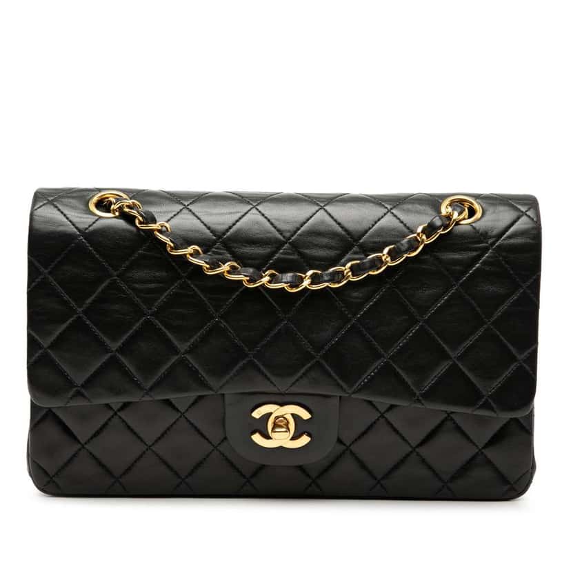 Chanel Medium Classic Lambskin Double Flap Black Leather Good condition - Front View
