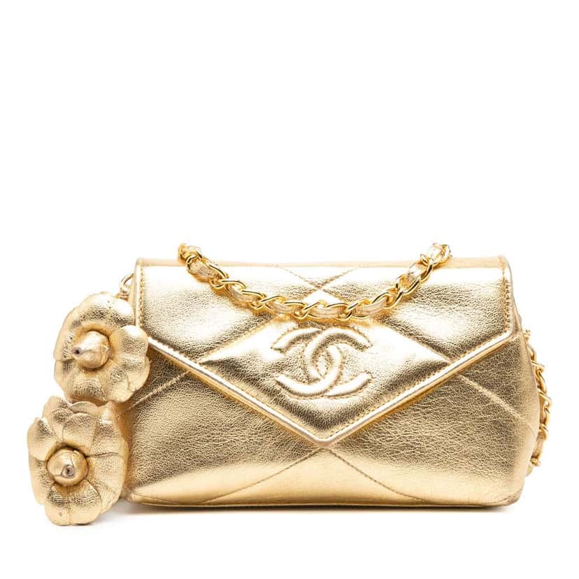 Chanel Mini CC Quilted Calfskin Camellia Crossbody Gold Leather Good condition - Front View
