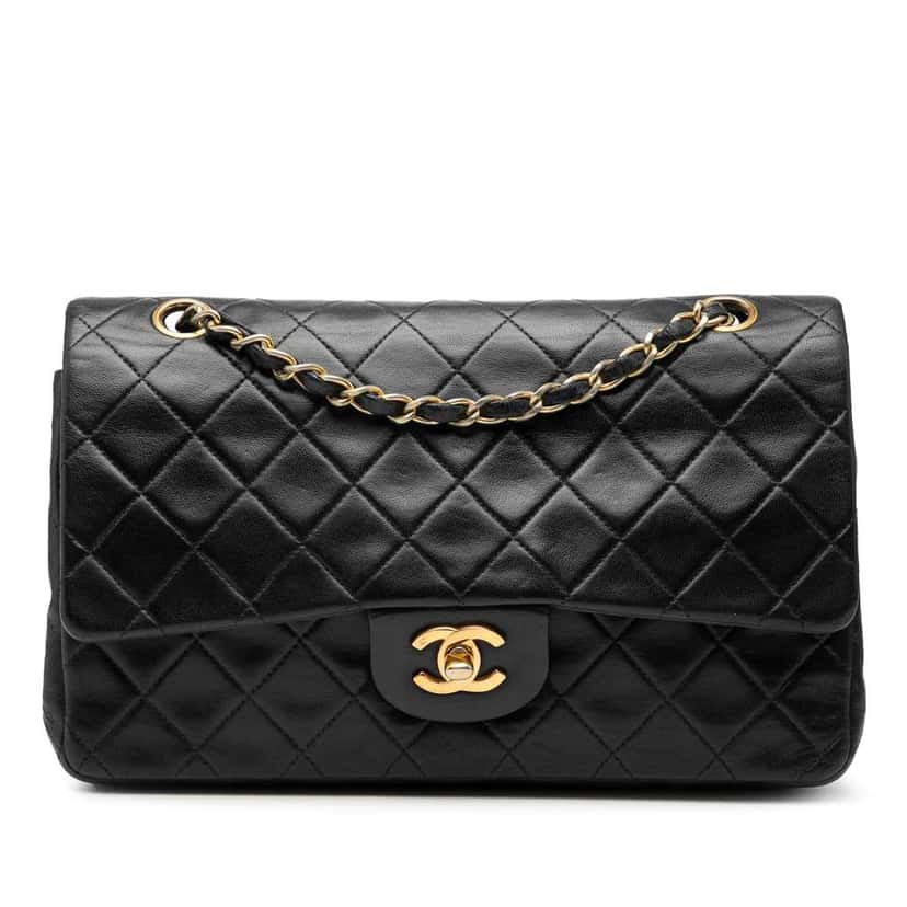 Chanel Medium Classic Lambskin Double Flap Black Leather Good condition - Front View